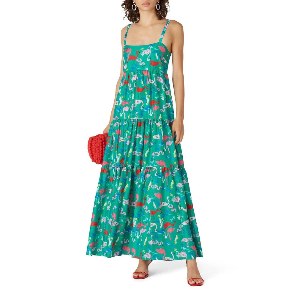 Tanya Taylor Dani Dress Green Silk Flamingo Print Sleeveless Maxi Tiered Size 12
